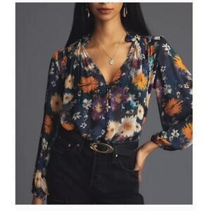 Anthropologie Estella Navy Floral Sheer Blouse NWT